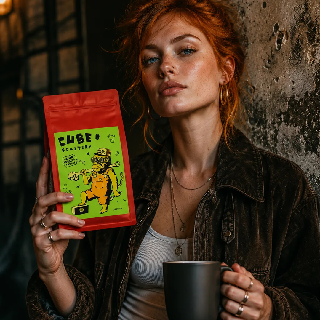 Pachet real CUBE Roastery într-o fotografie lifestyle.