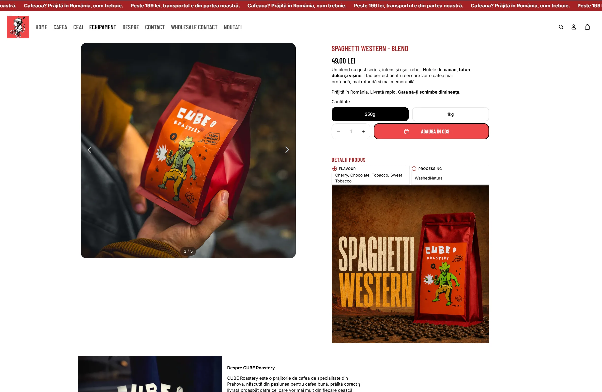 Pagina reală de produs CUBE Roastery din magazinul online.