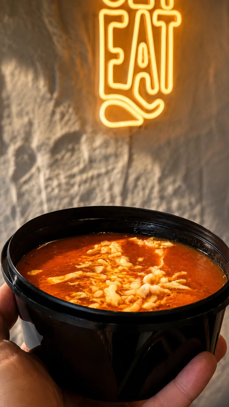 Bol real de ciorbă GET EAT fotografiat în fața semnului luminos al locației.