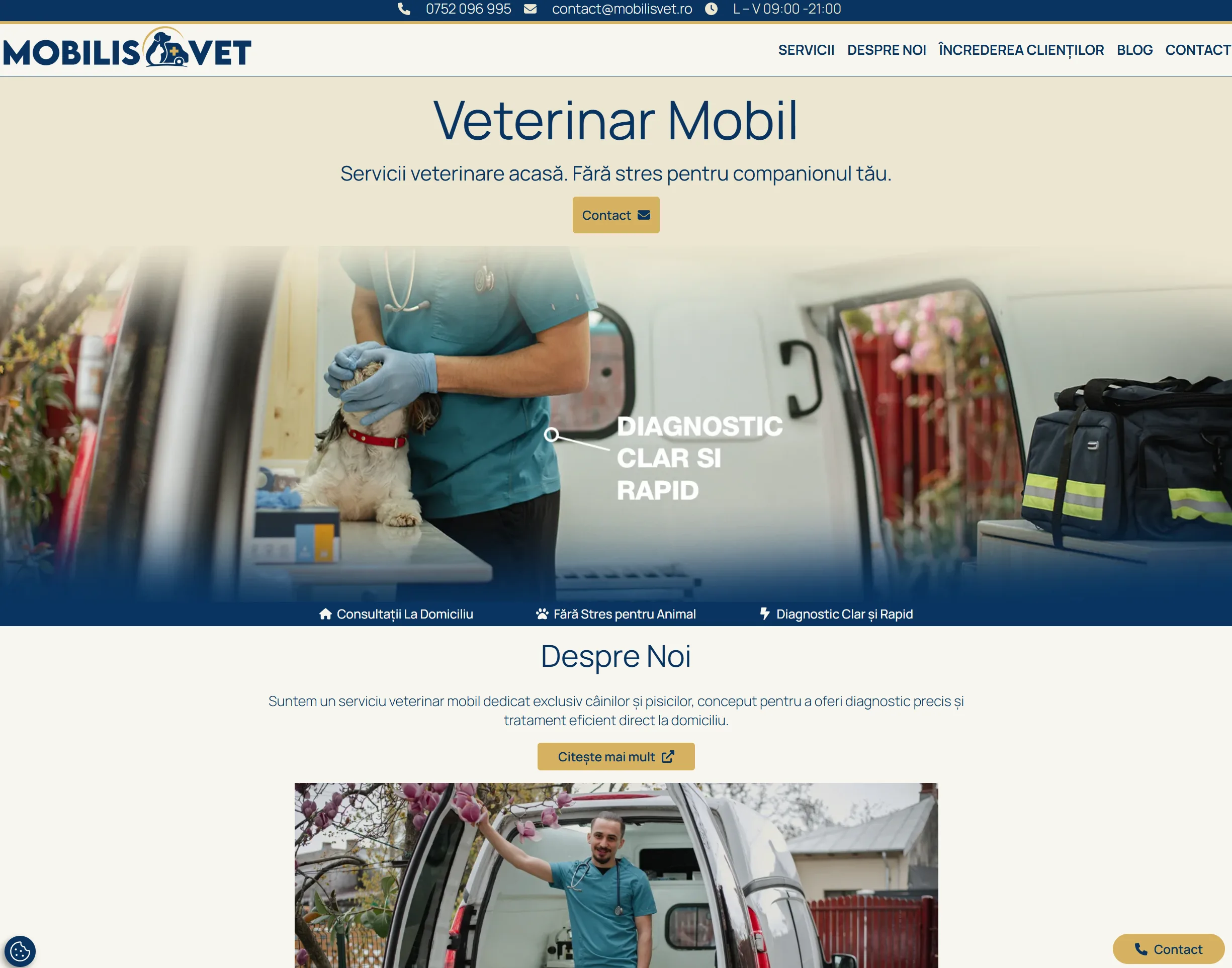 Captură reală a website-ului Mobilis Vet, cu identitatea și prezentarea serviciului mobil.
