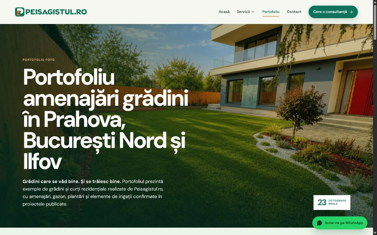 Pagina reală de portofoliu Peisagistul.ro, cu o grădină amenajată.