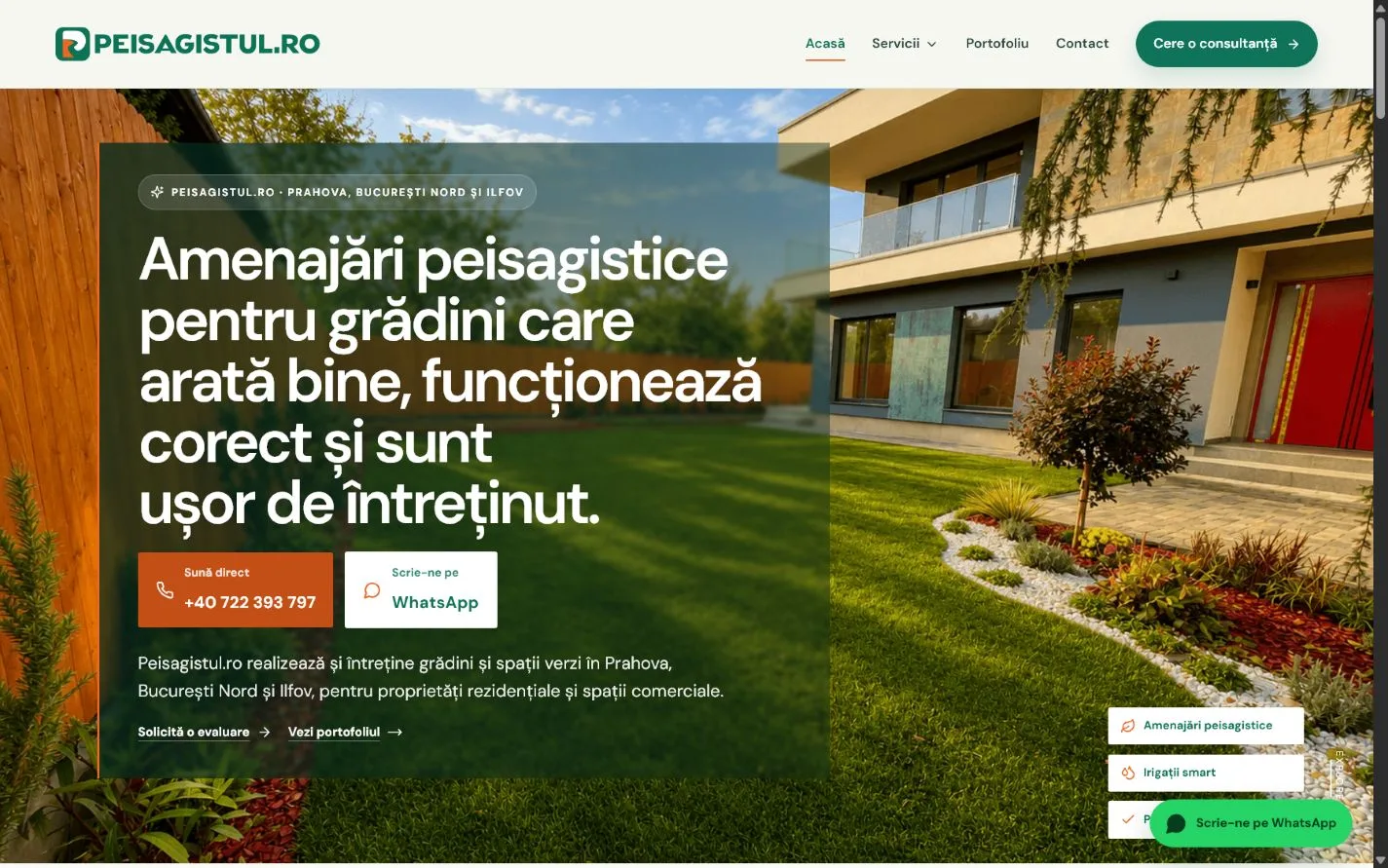 Homepage-ul real Peisagistul.ro afișat la rezoluție desktop.