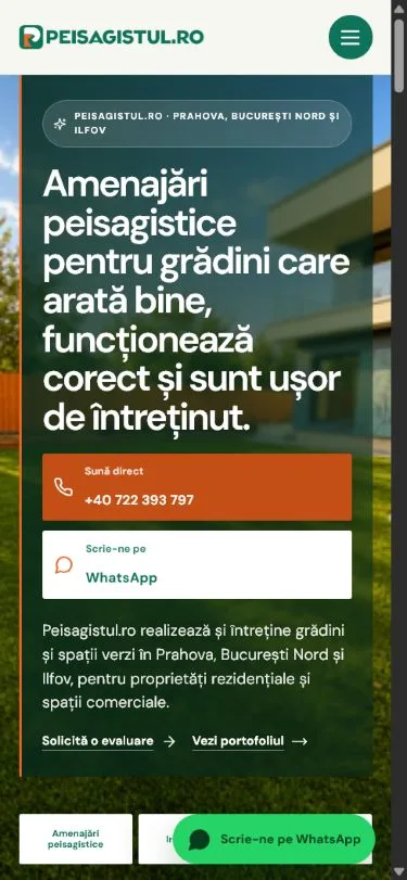 Homepage-ul real Peisagistul.ro afișat la rezoluție mobilă.